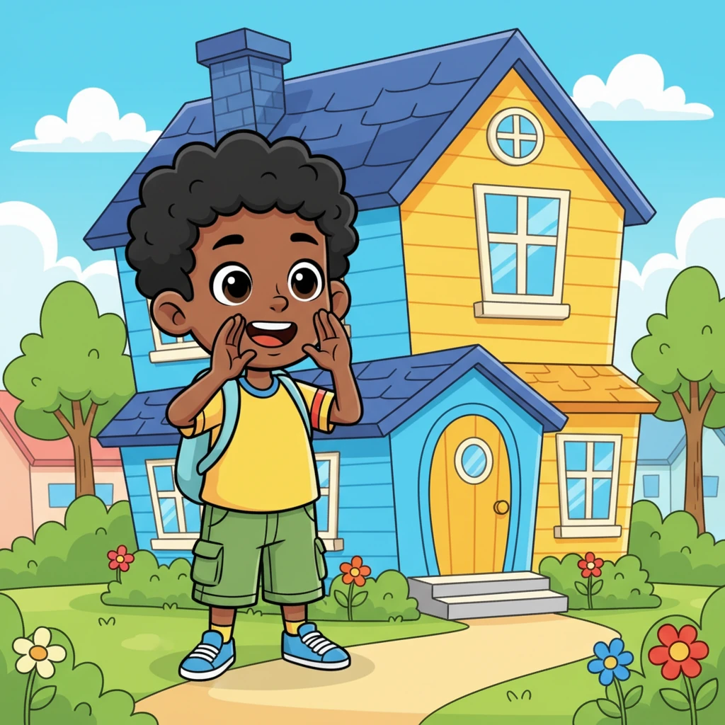 With a burst of energy, Buchi raced through the colorful neighborhood until he reached Edu's house, a cheerful building painted in bright blues and yellows. He stood outside, taking a deep breath, then called out her name, his voice filled with a mix of excitement and nervous anticipation.