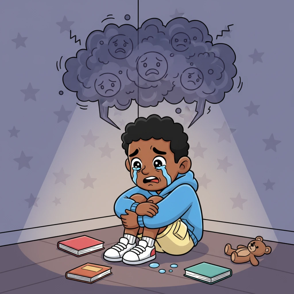 Later that evening, Buchi was huddled in his room, overwhelmed by what he had done. Cartoonish tears streamed down his face, and his worry was exaggerated, forming a swirling cloud of anxiety above his head. He panicked, regretting his impulsive act, convinced he had ruined everything.