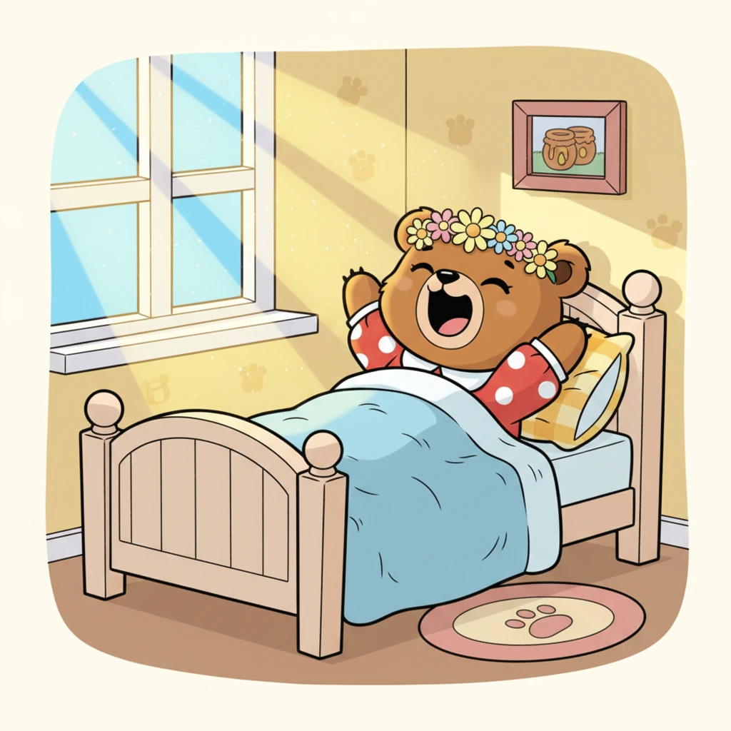 Mimi wakes up in her cozy bed, stretching with a big yawn. Sunlight peeks through her window, promising a beautiful day. Her little bear cub room is filled with soft, warm colors. She has a big, happy smile on her face, ready for adventure.
