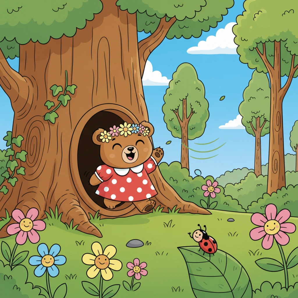 Mimi steps out of her tree-trunk home into the vibrant green forest. Bright, cheerful flowers bloom everywhere, painting the ground with pinks, yellows, and blues. Tall, friendly trees reach up to the sky, their leaves swaying gently in the breeze. A tiny ladybug waves hello from a leaf, and Mimi waves back with a giggle.