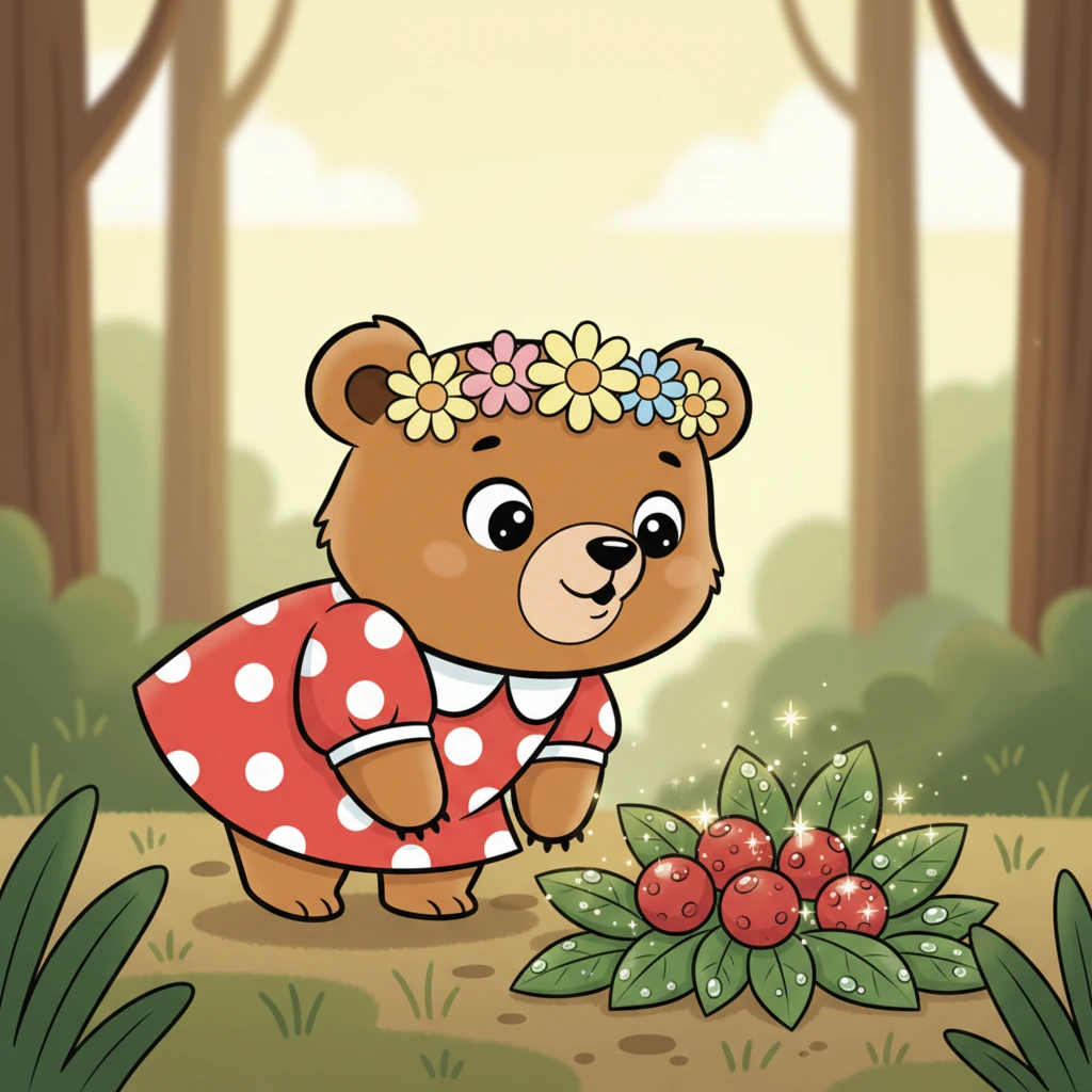 As Mimi explores, she spots a patch of extra-sparkly, dew-kissed berries. Her eyes widen with delight, reflecting the tiny glimmers. She tiptoes closer, her nose wiggling with excitement. The air smells sweet and fresh.