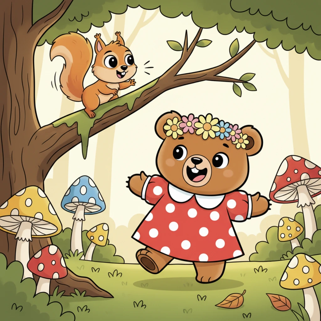 Suddenly, a fluffy, orange squirrel named Squeaky zips down a tree branch. Squeaky chatters excitedly, inviting Mimi to play. Mimi beams, happy to have a friend join her forest adventure. They decide to play hide-and-seek among the giant mushrooms.