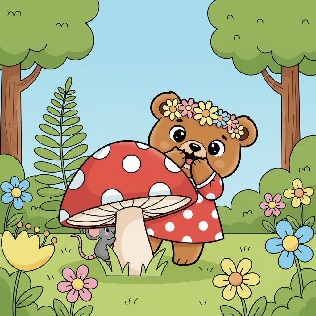 Mimi giggles as she peeks from behind a big, red-spotted mushroom, searching for Squeaky. Her paws are playfully covering her mouth. Squeaky's tail can be seen just barely peeking out from behind a tall fern. The forest sounds are filled with their happy laughter.