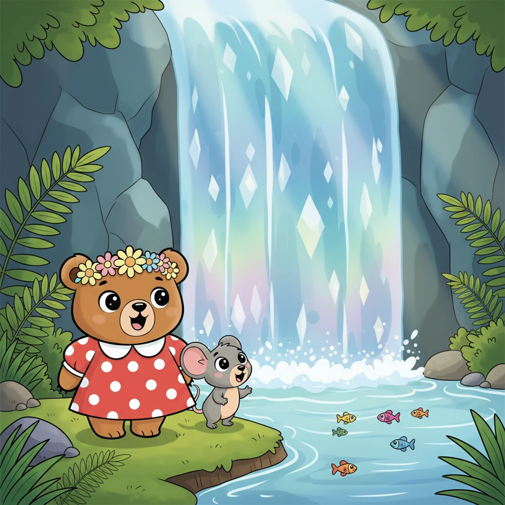 After their game, Mimi and Squeaky discover a hidden waterfall, shimmering like a curtain of diamonds. Tiny, rainbow-colored fish swim in the clear pool below. They watch in awe, their faces full of wonder. The sound of the water is a gentle lullaby.