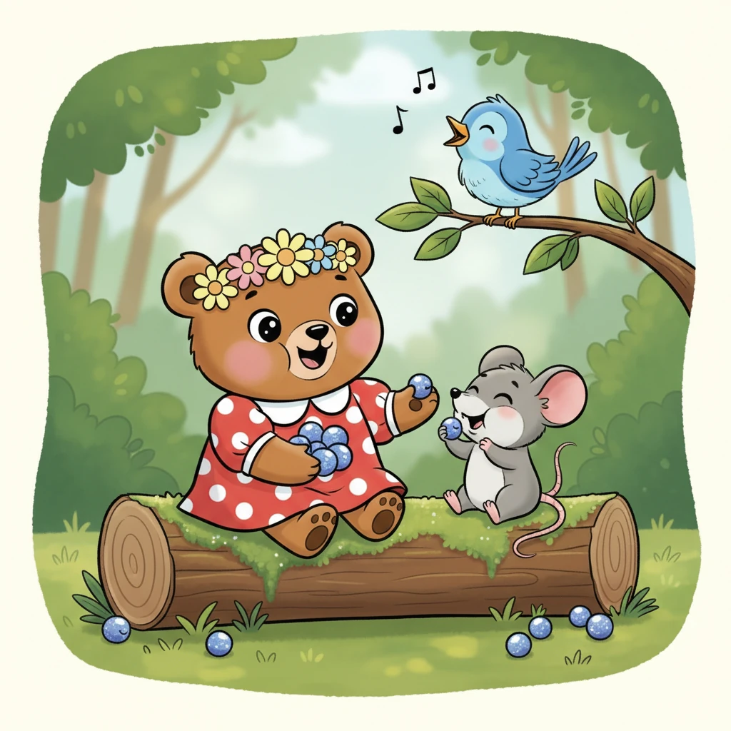Mimi and Squeaky share a delicious snack of the sparkly berries they found earlier. They sit side-by-side on a mossy log, enjoying the sweet treats. A friendly blue bird sings a cheerful song from a nearby branch. Their tummies are full and their hearts are happy.