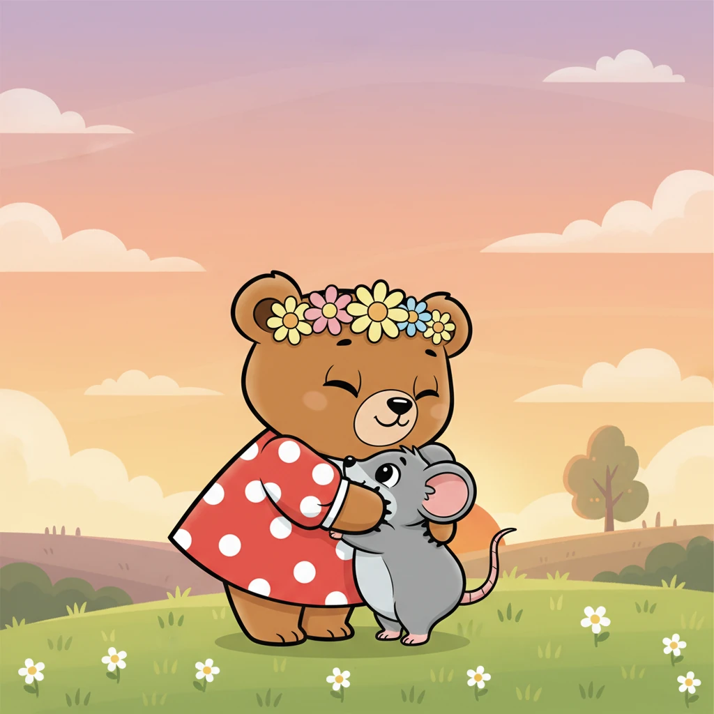 As the sun begins to set, painting the sky in soft oranges and purples, Mimi and Squeaky share a warm hug goodbye. They promise to play again tomorrow. Mimi feels a comforting warmth in her chest, knowing she has a wonderful friend.