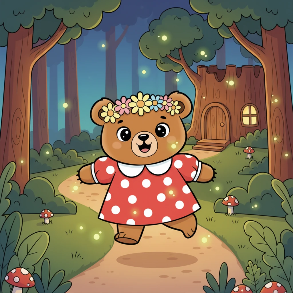 Mimi skips happily along the path back to her tree-trunk home. The fireflies begin to twinkle, lighting her way like little stars. She hums a cheerful tune, remembering all the fun she had. The forest feels peaceful and welcoming.