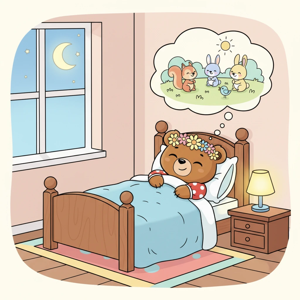 Tucked snugly in her bed, Mimi dreams of her forest friends and all the day's adventures. A soft, crescent moon shines through her window, casting a gentle glow. She drifts off to sleep with a big, contented smile, excited for new discoveries tomorrow.