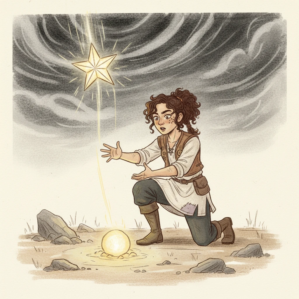 One extraordinary morning, the sky above their camp abruptly darkened, and a brilliant star plummeted from the heavens. It landed softly, not shattering, but transforming into a small, luminous ball that pulsed with gentle light. From its radiant core, a voice emerged, declaring itself the Guide Star and offering a single wish if carried to Black Mountain's summit before sunset.