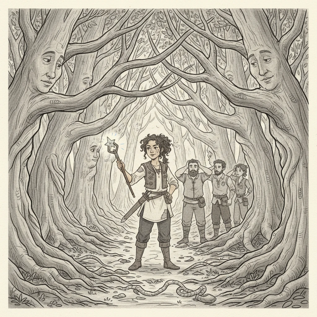 Deeper into the forest, the trees' whispers grew louder, their branches weaving together to deliberately obscure the path. The travelers found themselves circling, the same twisted roots appearing again and again, as the forest seemed to playfully, yet insistently, try to lead them astray. A sense of playful confusion settled among the crew.