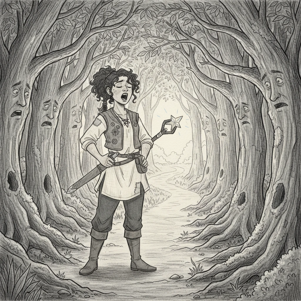 Suddenly, Elara, one of the travelers with a surprisingly strong voice, began to sing a strange, melodious tune. Her voice soared through the murmuring leaves, a beautiful, unexpected sound. The whispering trees, utterly surprised by this joyful outburst, paused their antics and slowly parted, revealing a clear path forward.