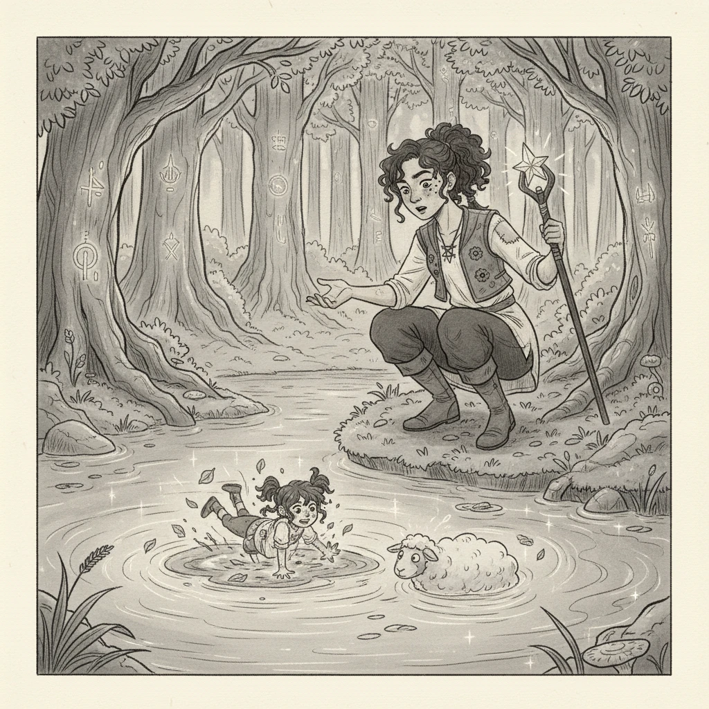 Emerging from the enchanted woods, they soon encountered the serene Lake of Mirror Fish. The water shimmered, and as each traveler leaned in, they saw not their reflection, but vivid, amusing projections of their most embarrassing life moments. A cascade of awkward memories played out on the water's surface.