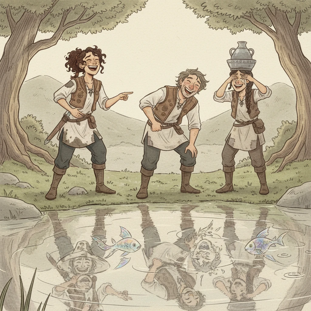 A moment of stunned silence gave way to an explosion of uproarious laughter as the crew recognized their own comical pasts reflected in the lake. Their joyful shouts echoed across the water, so loud and infectious that the sensitive mirror fish, startled by the sudden mirth, quickly darted away into the depths, leaving the surface clear.