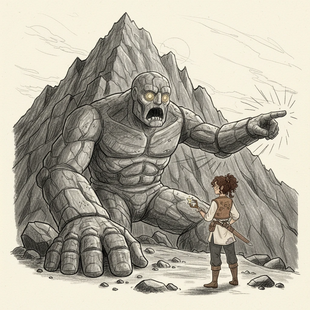 At the rugged foot of Black Mountain, their path was blocked by a colossal stone giant, his form carved from the very rock of the peak. His eyes glowed with ancient wisdom as he boomed a challenge, declaring the mountain accessible only to those unafraid of the world's strangeness. His presence was formidable, yet held a hint of curiosity.