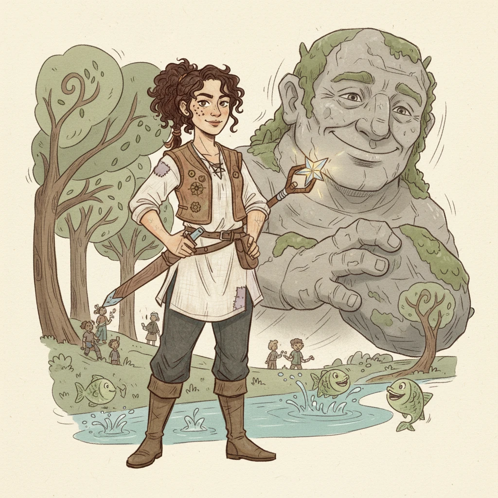 The travelers, undaunted, recounted their recent encounters: conversing with trees, laughing at fish, and surviving as a united crew of twenty. The giant listened intently, a slow smile spreading across his stony face, before he let out a rumbling laugh. Amused by their unique experiences, he moved aside, granting them passage.