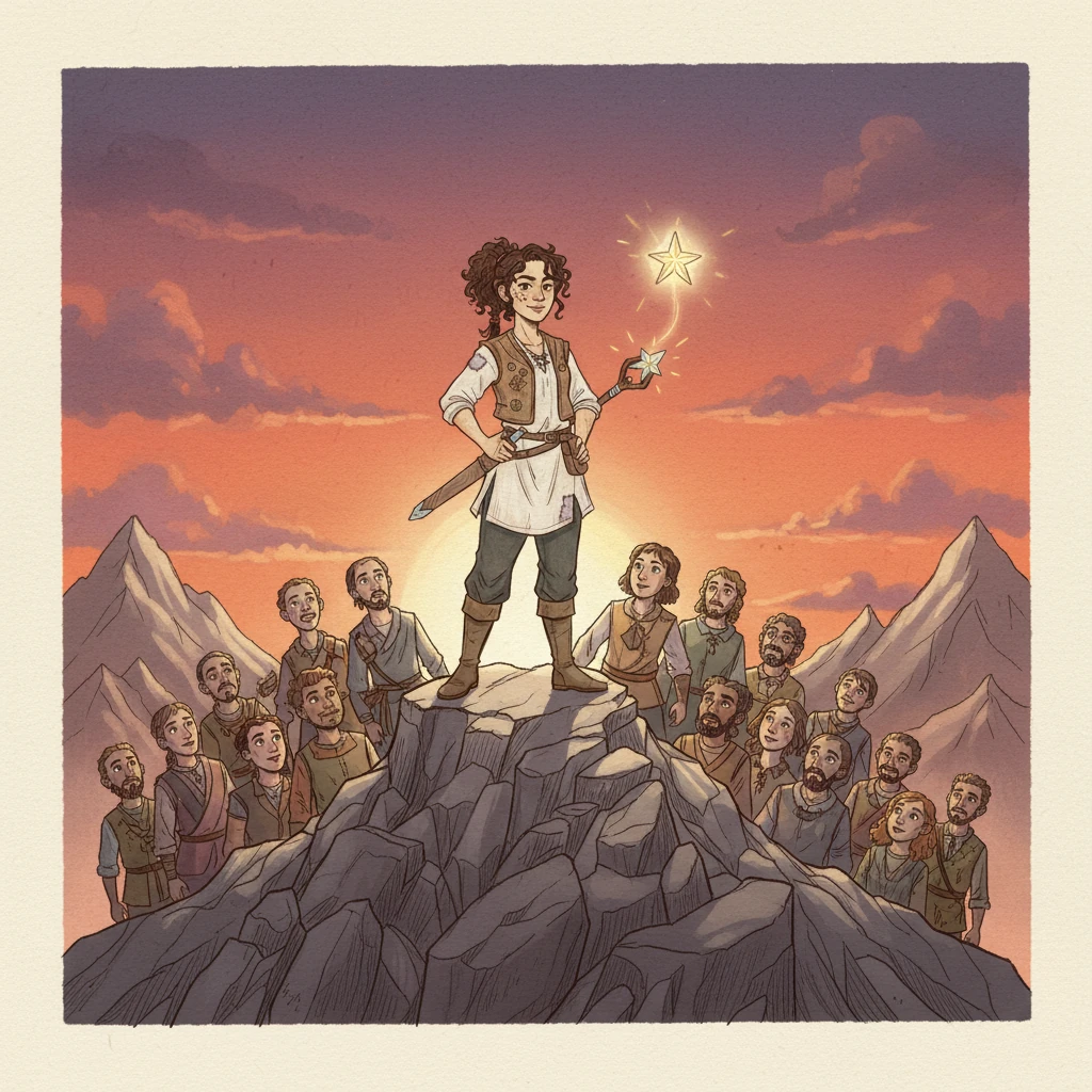 Just as the sun dipped towards the horizon, painting the sky in fiery hues, the twenty travelers reached the mountain's summit. The Guide Star pulsed with renewed brilliance, asking for their wish. After much deliberation, they collectively declared their deepest desire: "Make our adventures never end," and with a final golden flash, the star disappeared, leaving behind a world forever brimming with whimsical wonders.