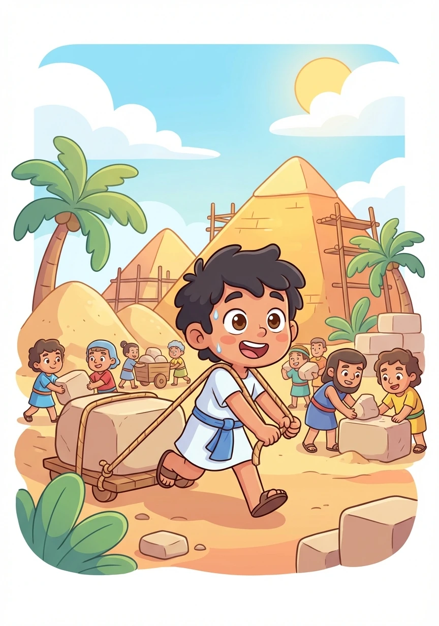 Khufu arrives at the bustling construction site, amazed by the sheer size and the thousands of workers. He's assigned to a team hauling stones.