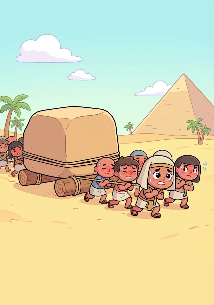The work is incredibly hard. Khufu and his team struggle to pull the heavy stones across the sand on wooden rollers.