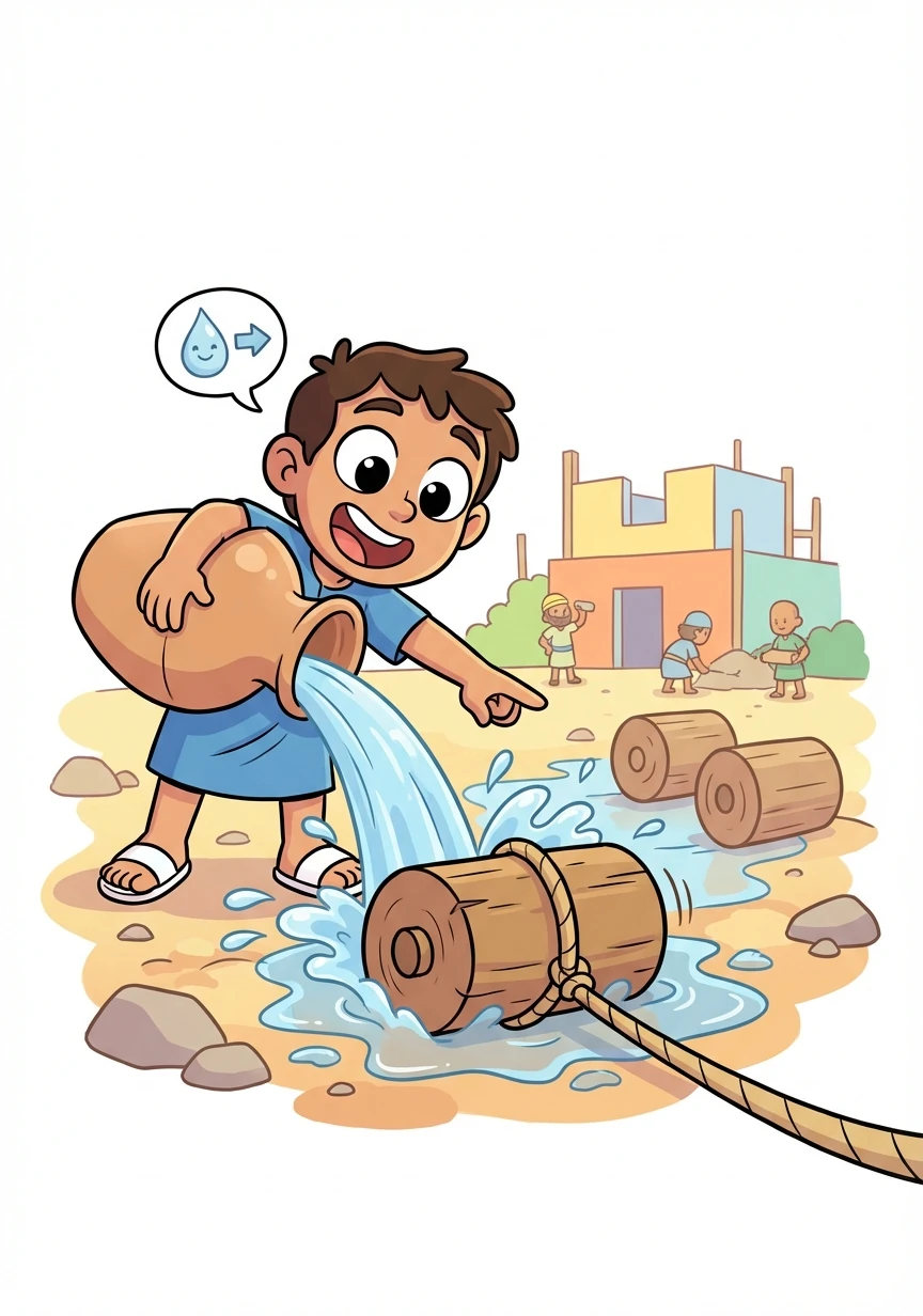 Khufu notices the rollers are constantly getting stuck. He has an idea! He suggests using water to lubricate the ground, making it easier to pull.