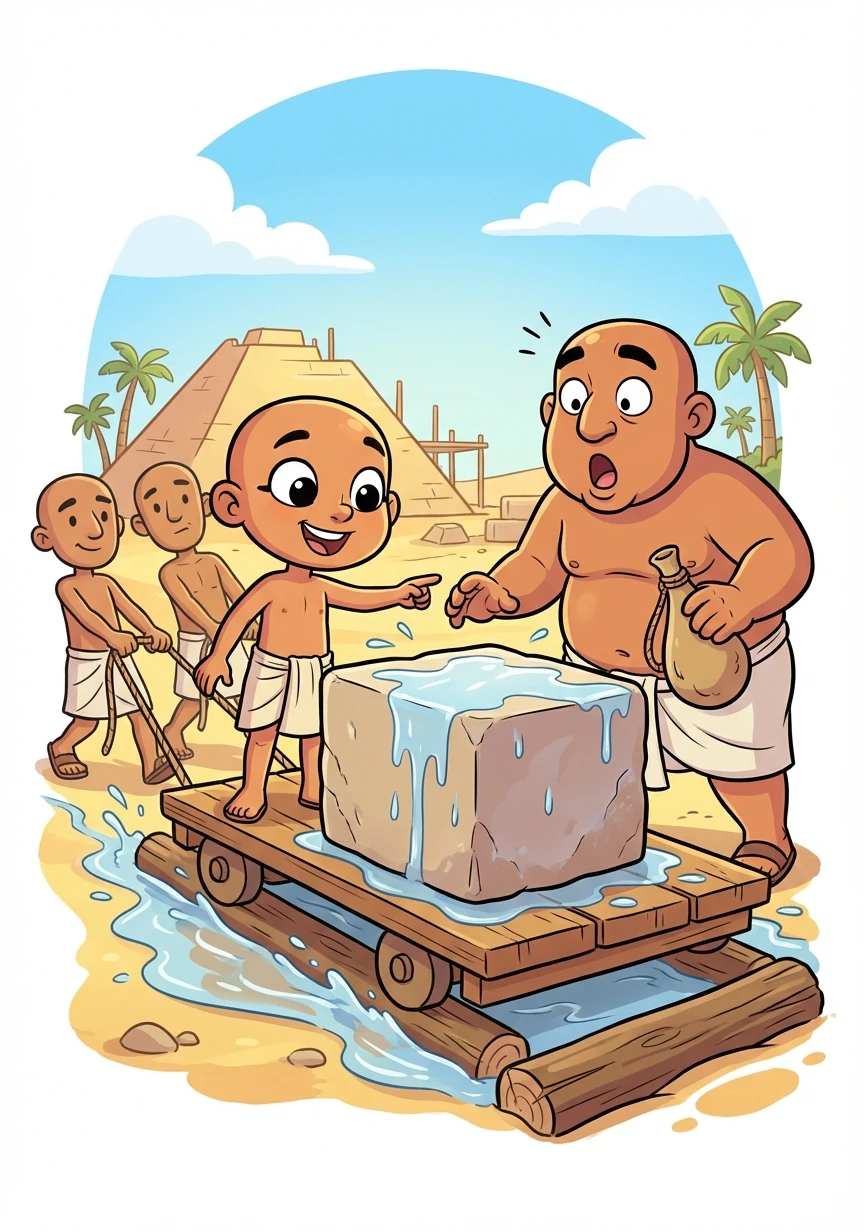 The foreman, initially skeptical, agrees to try Khufu's idea. To everyone's surprise, the water makes a huge difference, and the stones move much faster.