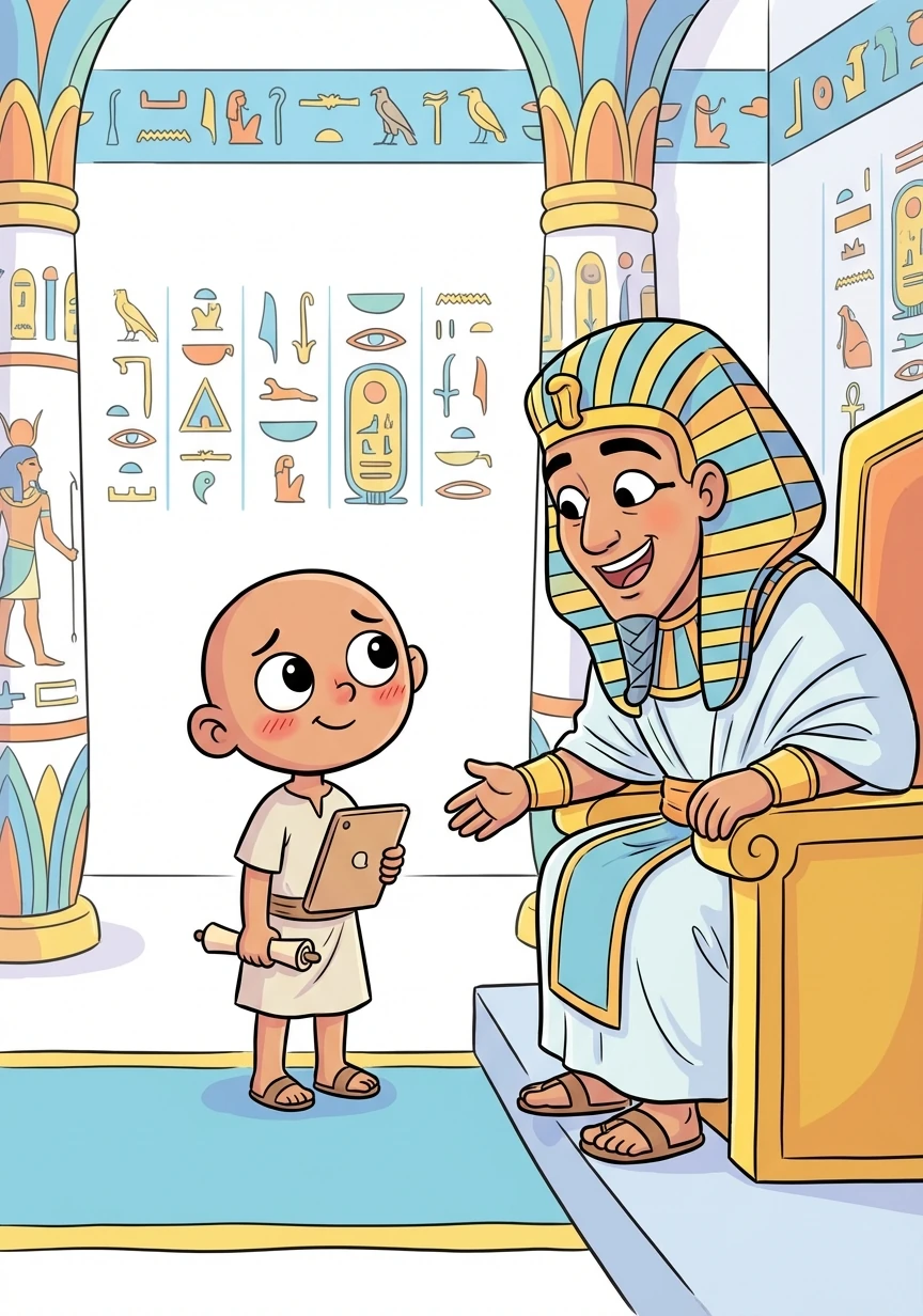 Khufu is invited to meet the pharaoh. He shyly explains his idea, and the pharaoh is impressed by his quick thinking and dedication.