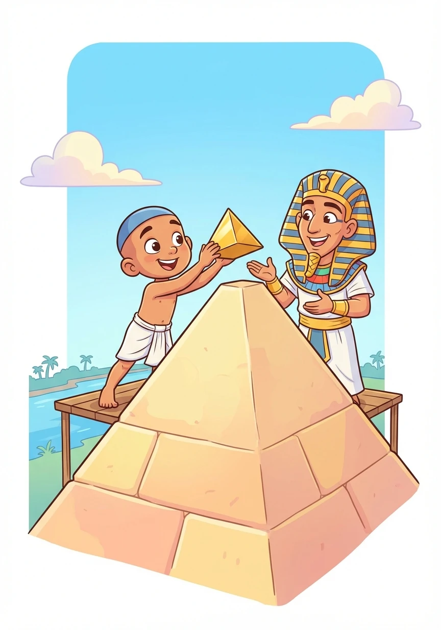 The pharaoh rewards Khufu with a special task: helping to place the final capstone on the pyramid. It's a great honor!