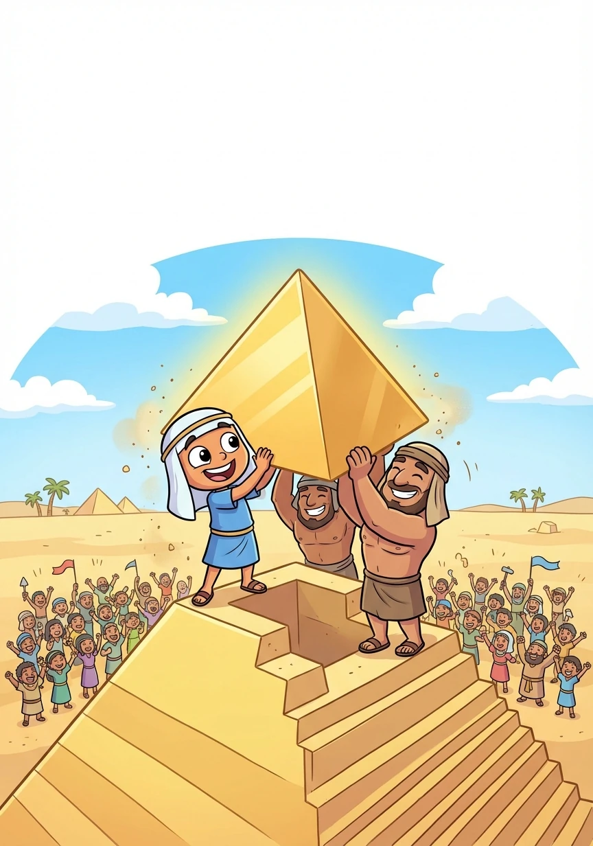 Khufu, working alongside experienced craftsmen, carefully helps to position the capstone. The entire workforce cheers as it's finally in place.