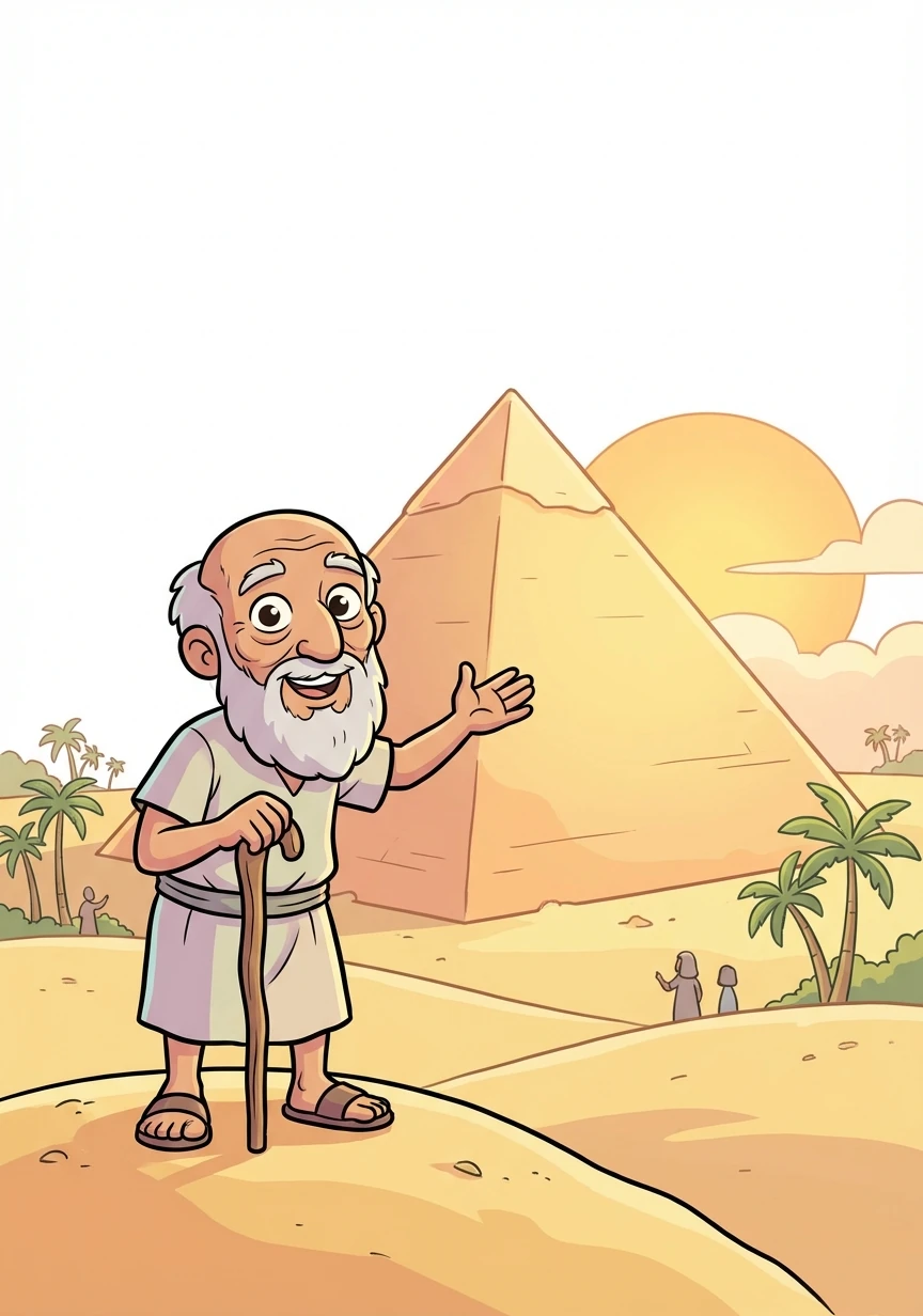 Years later, Khufu, now an old man, looks at the completed Great Pyramid. He smiles, knowing he played a part in creating something truly magnificent that will inspire generations to come.