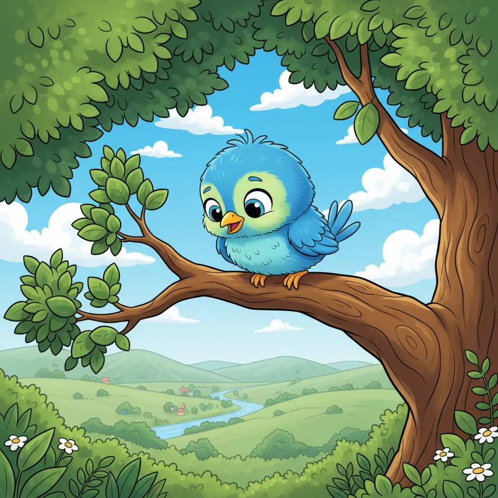 Pip, a tiny bird with fluffy blue feathers and big, hopeful eyes, sat on a sturdy branch high in a leafy green tree. Below, the world looked vast and exciting, but also a little bit daunting. Pip longed to explore it, but a flutter of fear kept him rooted.