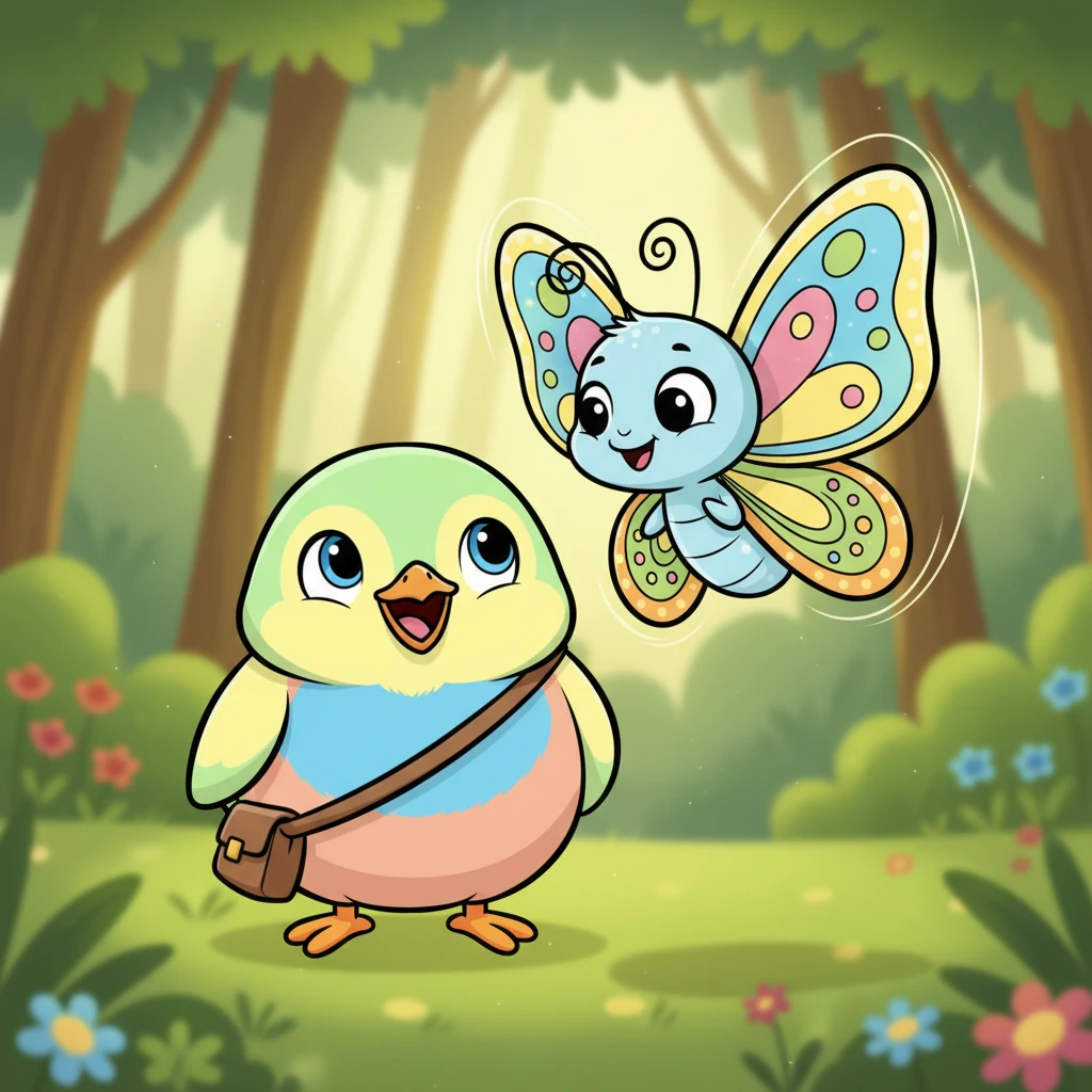 Just then, a dazzling butterfly with iridescent wings fluttered past. She swooped in a graceful loop around Pip. "You can do it, little one!" she chirped cheerfully, her antennae wiggling with encouragement.