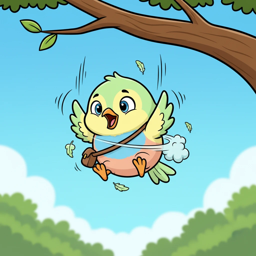 With a mighty gulp, Pip pushed off the branch! Flap... flap... flap... He tumbled downwards, his tiny wings working frantically. Oh no! He fell a little way, a small puff of feathers swirling around him.