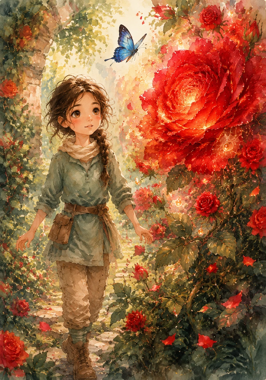 Elena era una niña curiosa que pasaba horas explorando el frondoso jardín de su abuela. Una tarde, mientras perseguía una mariposa azul, se detuvo ante un rosal inusualmente vibrante en un rincón apartado. Al acercarse, sintió que el perfume de una gran rosa roja la envolvía de una manera mágica y acogedora.