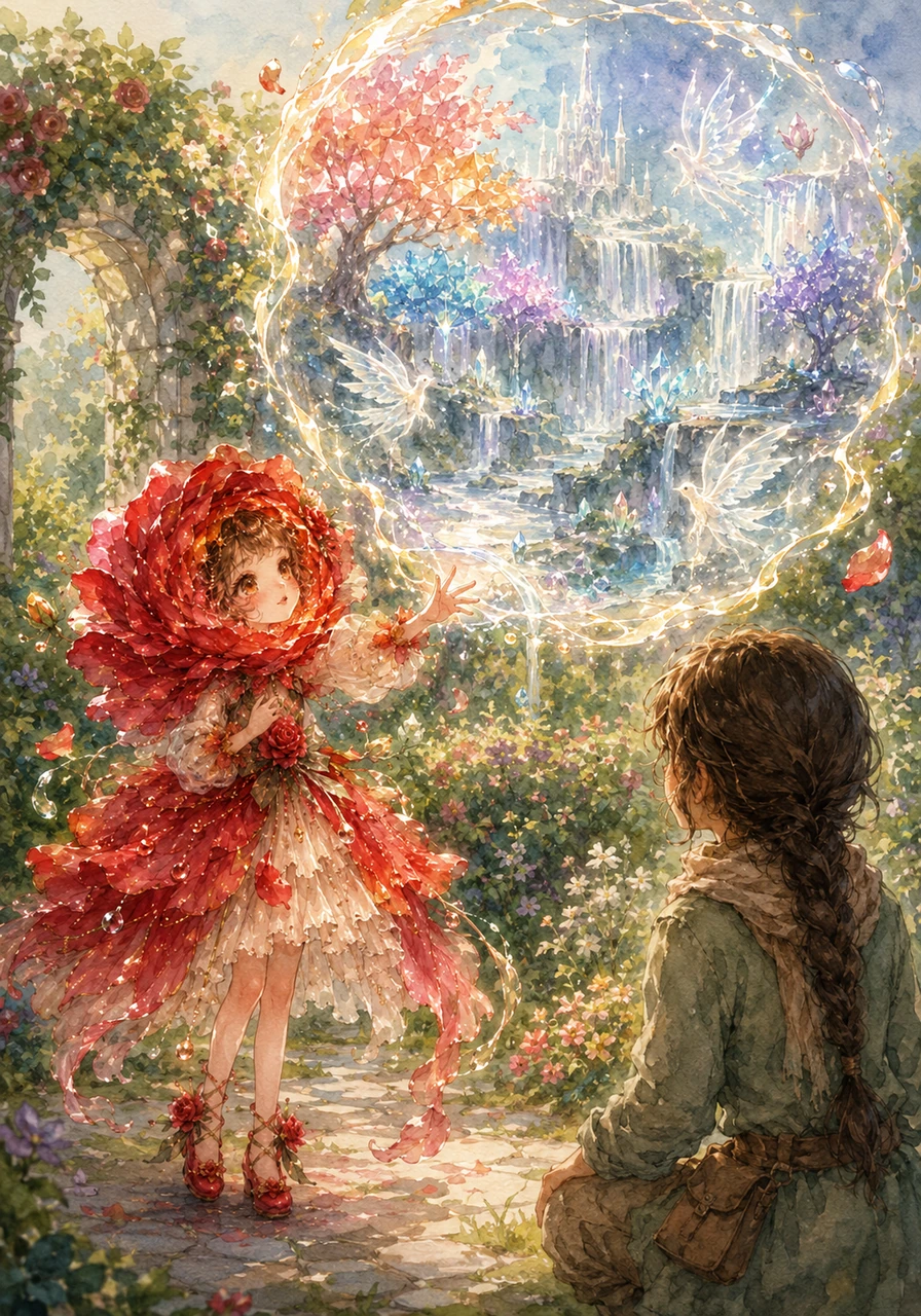 Rosalis proyectó una imagen sobre el aire del jardín, mostrando a Elena un mundo deslumbrante que ya no existía. En la visión, se veían cascadas de agua plateada, árboles con hojas que cambiaban de color como gemas y criaturas aladas hechas de pura luz. Era el mundo de donde provenía Rosalis, un lugar donde la magia fluía libremente y cada criatura tenía voz.