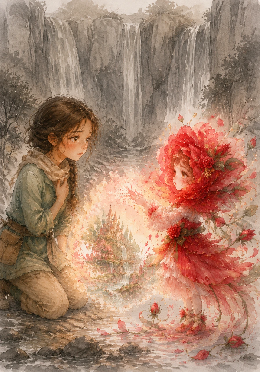 La rosa explicó que su mundo estaba desapareciendo porque los humanos habían olvidado cómo soñar y creer en la magia, lo que debilitaba la conexión entre ambos mundos. La visión proyectada por Rosalis comenzó a desvanecerse y las cascadas plateadas se volvieron tristes arroyos grises, mostrando el efecto de la falta de fe en el mundo humano.
