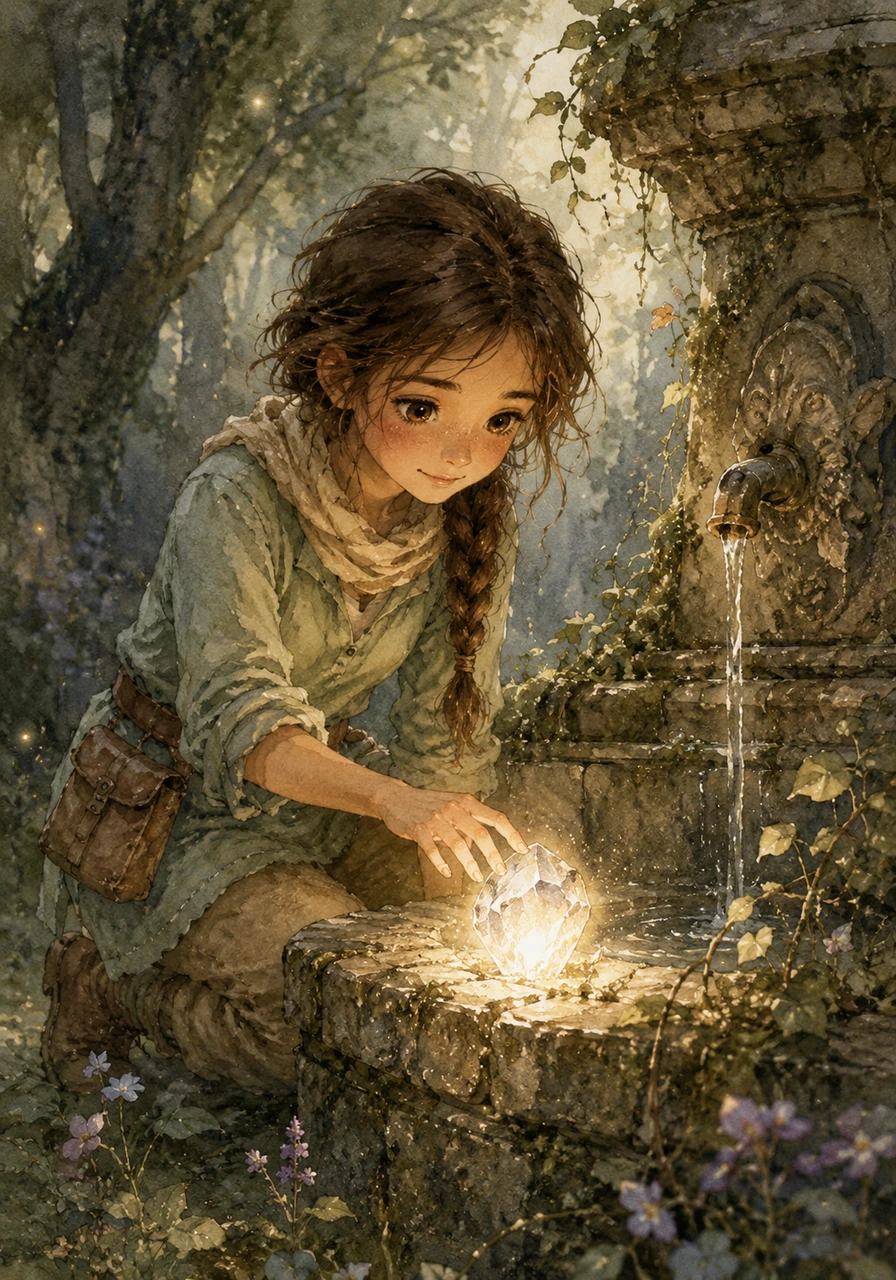 Siguiendo las instrucciones de Rosalis, Elena navegó por el bosque mágico hasta encontrar una antigua fuente de piedra donde yacía el 'Corazón del Sueño', un cristal opaco y sin vida. Al tocarlo con la esperanza de su promesa, el cristal comenzó a pulsar con una luz tenue, respondiendo a la pureza de su deseo.