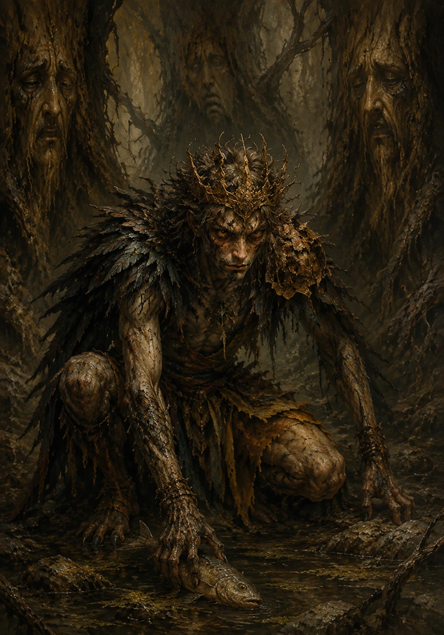 Deep within a suffocating, sunless forest, the twisted bark of ancient trees bore the shapes of weeping human faces. A feral creature named Buddhu lived among the shadows, surviving on the meager offerings of the swamp as his human mind slowly eroded into beastly madness.