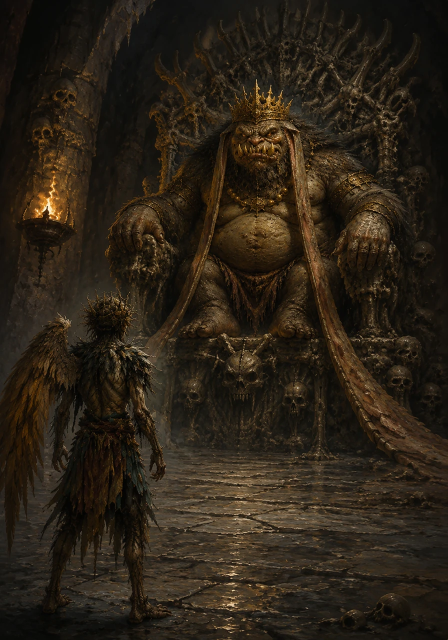 Stepping into the great, shadowed hall, Buddhu beheld a terrifying sight on the central dais. A massive, hairy beast known as the Khokshosh sat upon a throne of bones, its teeth like jagged daggers and its immense ears dragging along the icy stone floor.