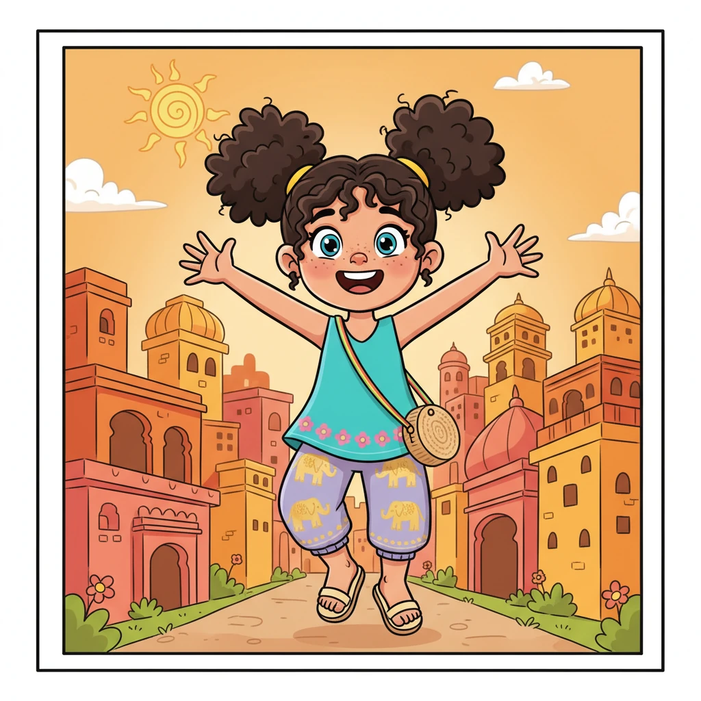 Maya, a little girl with bouncy brown and black curls, arrived in Jaipur with eyes wide open. The city glowed with warm, sunny colors, like a giant painting waiting to be explored. She bounced with excitement, ready for her big adventure to begin.