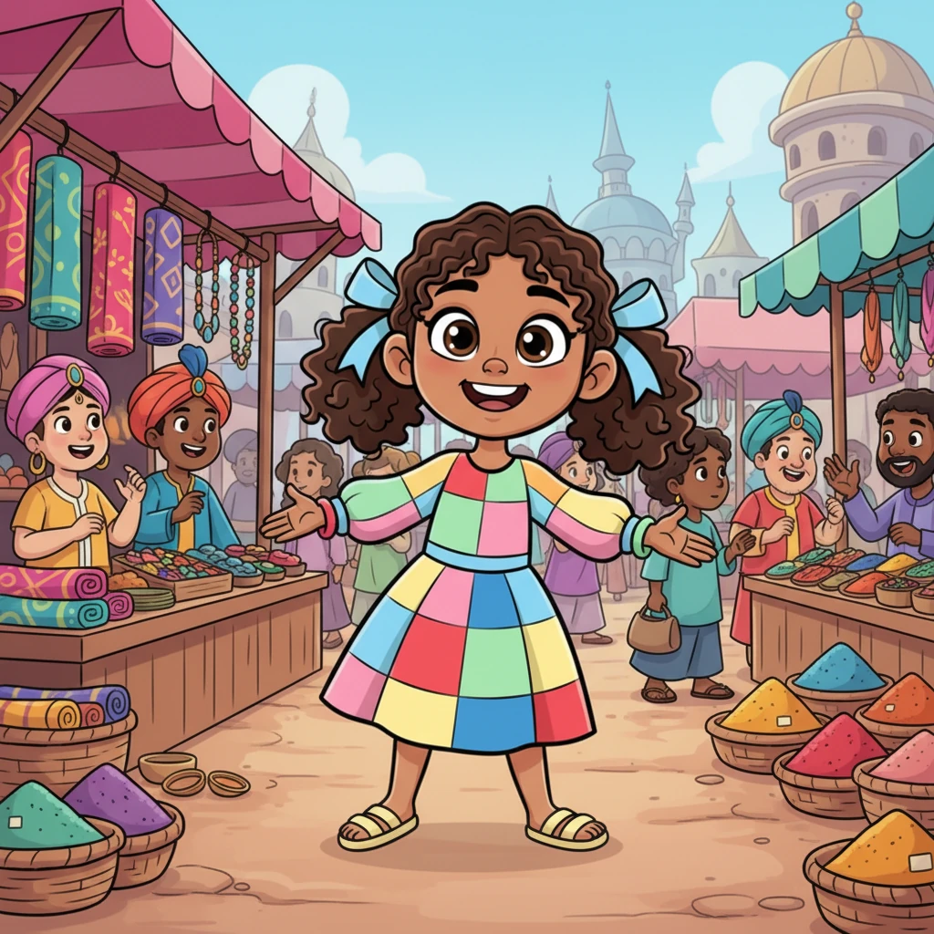 Her first stop was a bustling market, bursting with a rainbow of fabrics, sparkling jewelry, and fragrant spices. Maya's smile stretched from ear to ear as she saw vendors with colorful turbans and baskets overflowing with treasures. It was like stepping into a magical, noisy wonderland.