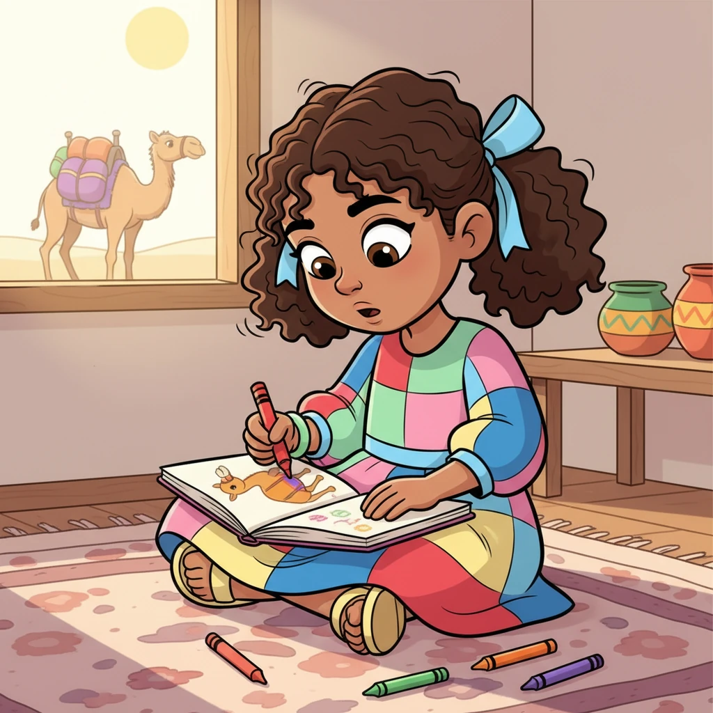 Inspired by the vibrant scenes, Maya found a quiet corner and pulled out her trusty sketchbook and crayons. With a focused expression, she began to draw the funny-looking camel she had just seen carrying big bundles. Her curly hair bounced as she concentrated on every detail.