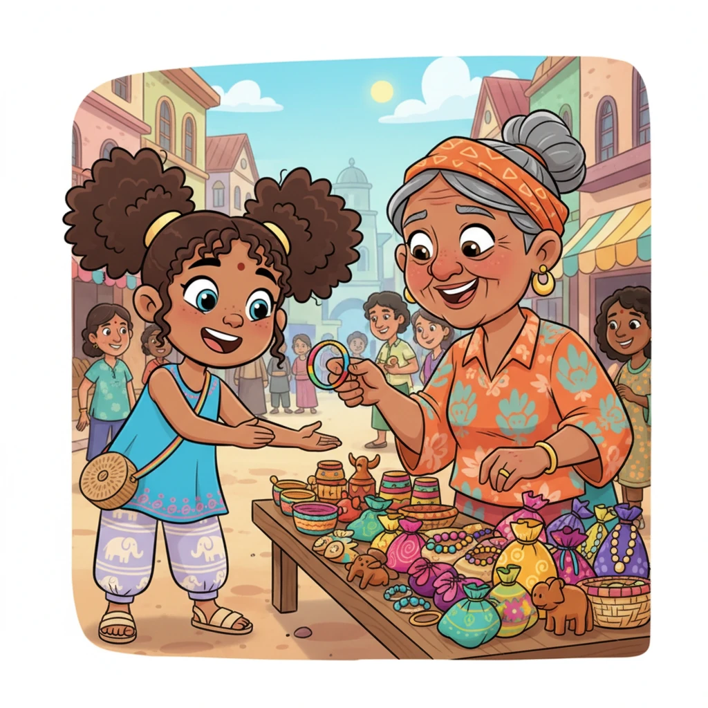 At a lively stall, a friendly vendor with a big, crinkly smile offered Maya a tiny, colorful bangle. Maya giggled, feeling happy to connect with new friends in this wonderful city. She loved seeing all the different people and their amazing crafts.