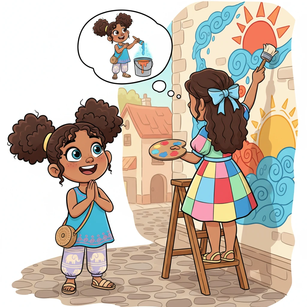 Later, Maya saw a painter creating a beautiful mural on a wall, using bright blues and fiery oranges. Her heart filled with inspiration, and she imagined dipping her own brush into those same brilliant colors. She couldn't wait to paint everything she saw.