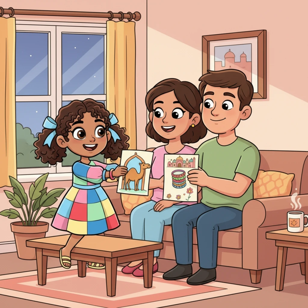 Back at their guesthouse, Maya proudly showed her family all the drawings she had made throughout the day. Her parents smiled, admiring her colorful pictures of camels, bangles, and grand palaces. They were so proud of their little artist.