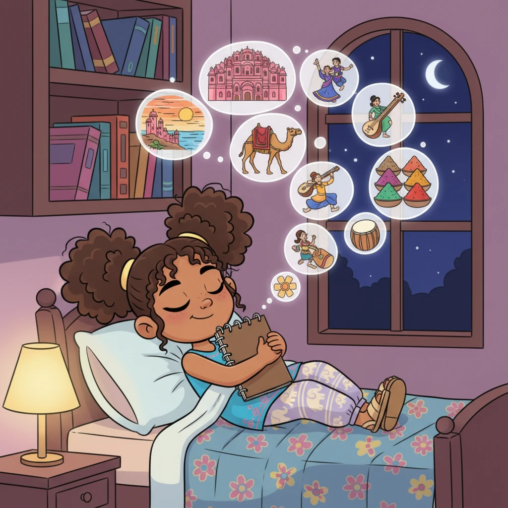 As Maya drifted off to sleep, she hugged her sketchbook tight, dreaming of all the colors and sounds of Jaipur. Her adventure had filled her with so much joy and so many ideas for new drawings, paintings, and songs. She knew she would remember this trip forever.
