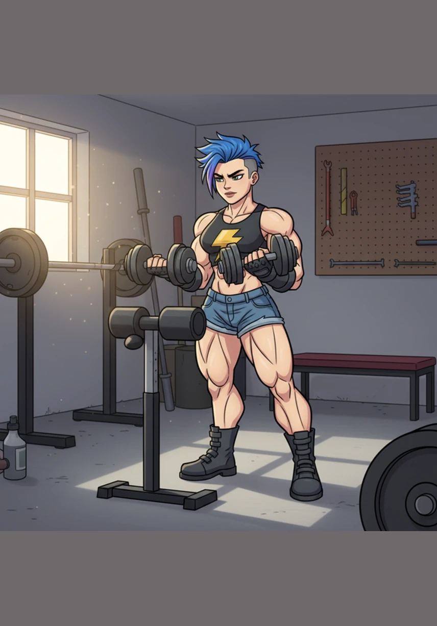 Trixie stands in her garage, eyeing a pair of modest dumbbells with a look of pure determination. She takes a deep breath and grips the cold metal, ready to begin her journey toward becoming the strongest version of herself. The morning sun shines through the window, highlighting her focus as she starts her very first set of curls.