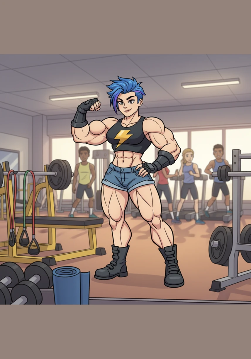 Days of hard work turn into weeks as Trixie masters her form in the local gym surrounded by colorful equipment. With every concentrated curl, she feels a new spark of energy flowing through her arms, and a small, firm bump begins to appear on her biceps. She smiles at her reflection, noticing the early signs of the strength she is building.