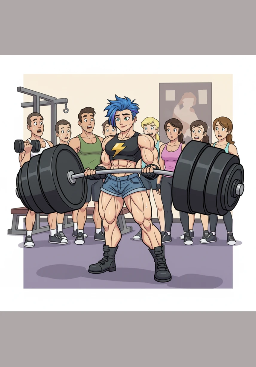 Trixie is now a powerhouse of strength, lifting massive plates that once seemed impossible to even move. Her biceps swell with incredible power during her workout, showcasing the massive results of her relentless dedication and sweat. The gym members look on in awe as she effortlessly completes another set of heavy repetitions.