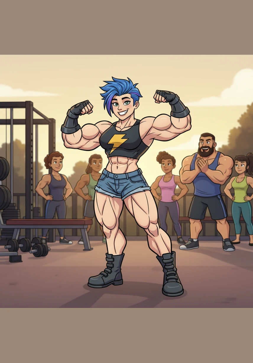 Standing proudly in the golden afternoon sunlight, Trixie flexes her massive, sculpted biceps with a triumphant smile. She has transformed not just her body, but her entire spirit, becoming a true symbol of strength and perseverance. Wearing her favorite sleeveless shirt, she looks ready to take on any challenge that comes her way.