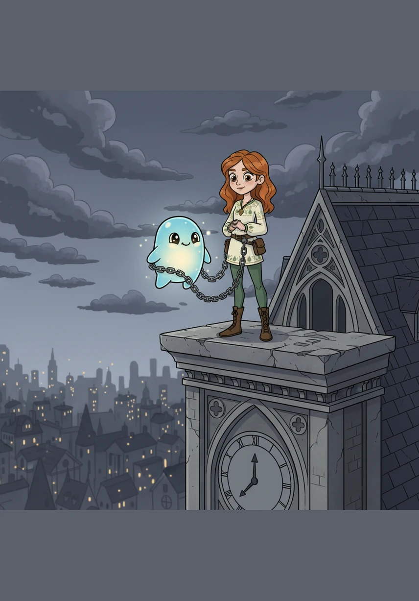 Hy is a tiny, glowing spirit made of soft blue light who lives high above a quiet, grey city. He feels a warm spark in his heart whenever he looks down at the people below, wishing he could share his light with them.