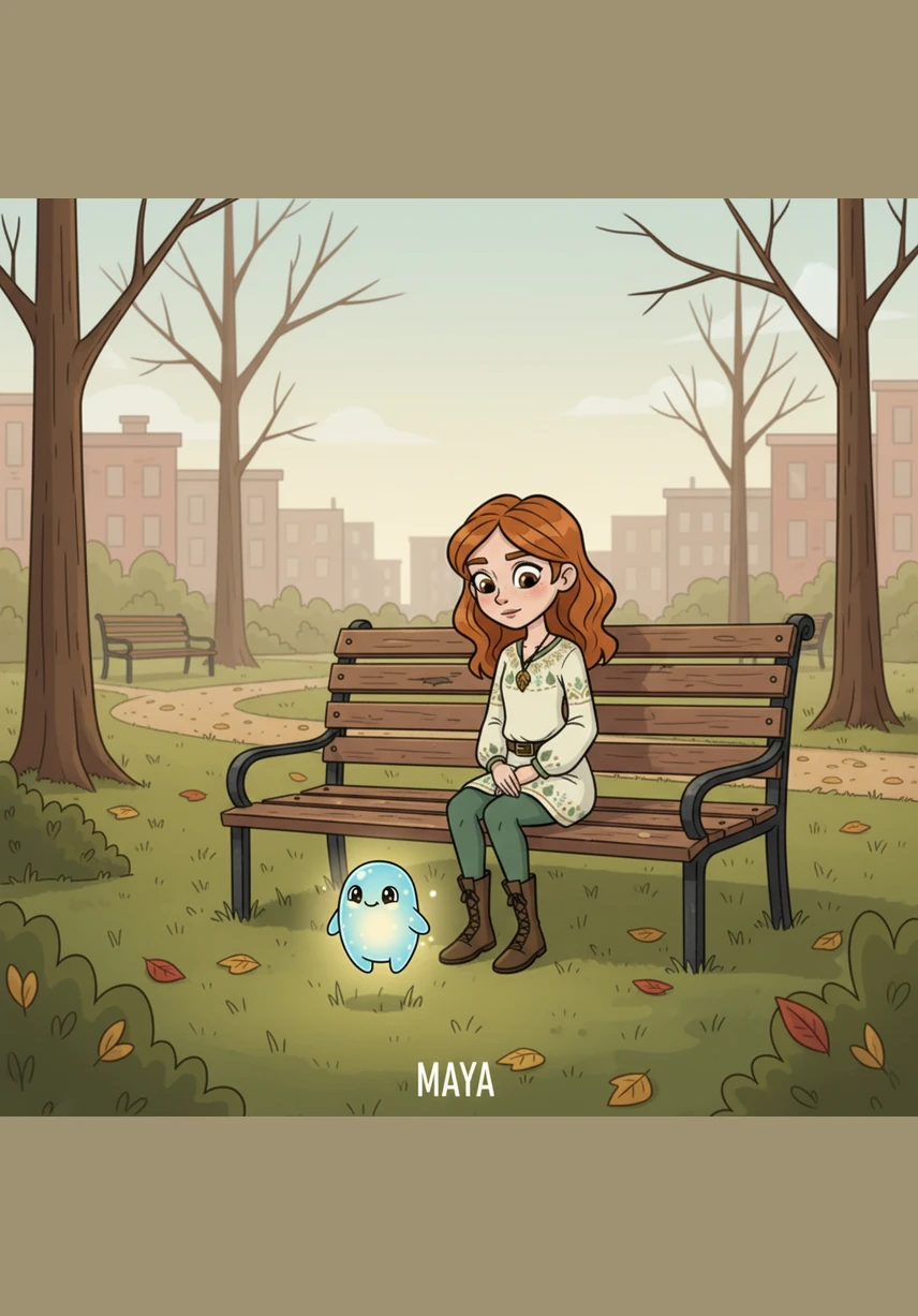 One morning, Hy drifts down to a lonely park where a girl named Maya sits quietly on a bench. He hovers near her, sparkling gently like a fallen star, hoping to catch her attention and share a moment of warmth.